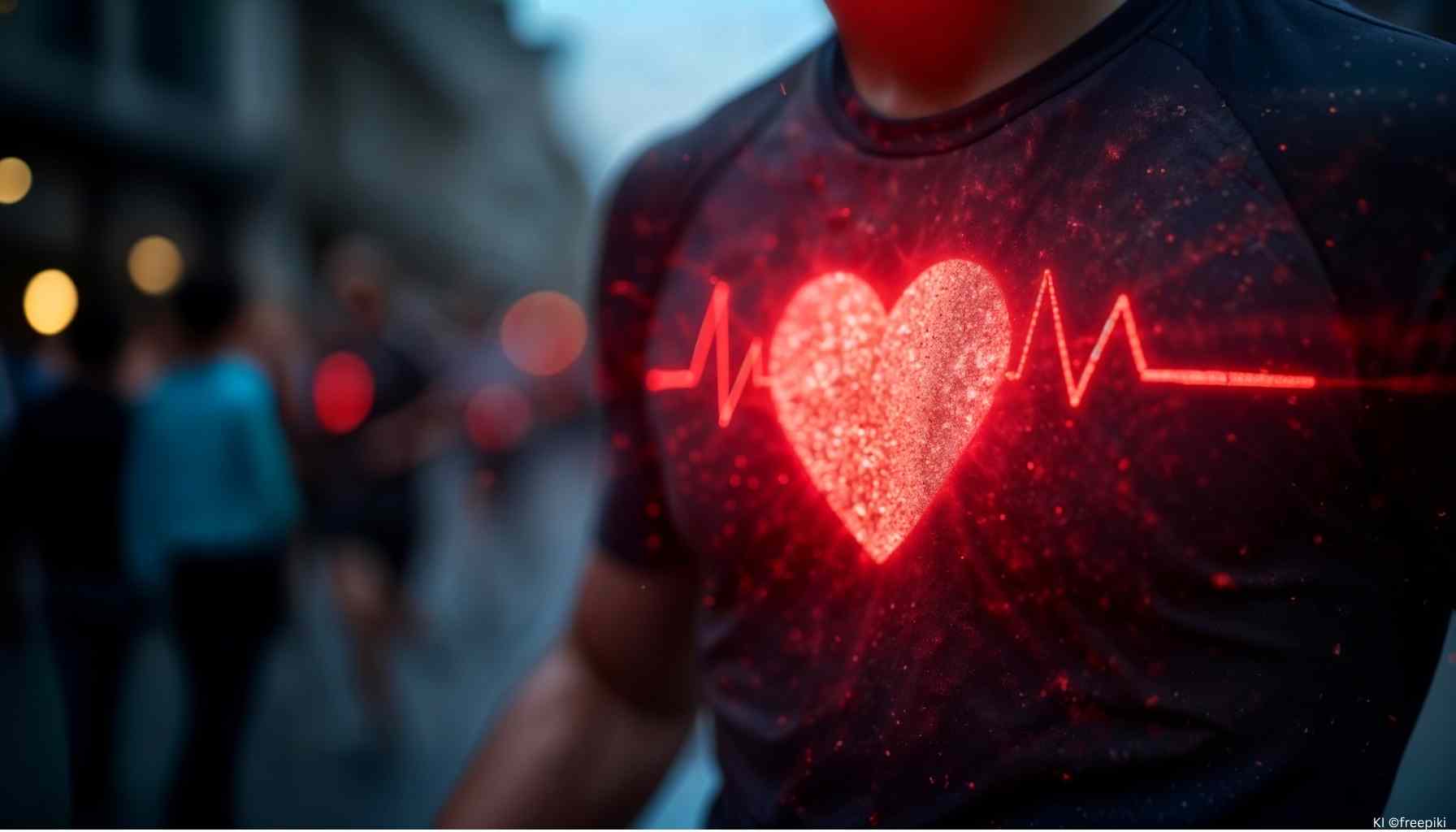 Mann mit T-Shirt auf dem ein rotes Herz und Herzschläge drauf sind